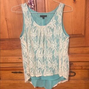 Pearl Sleeveless Floral Lace Blouse - Aqua and Cream